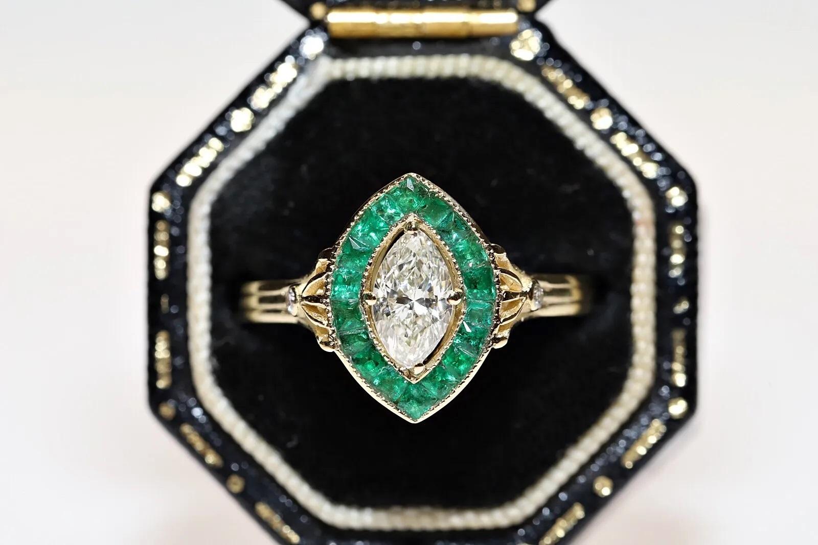 New Made 14k Gold Natural Marquise Cut Diamond And Caliber Emerald Ring For Sale 8