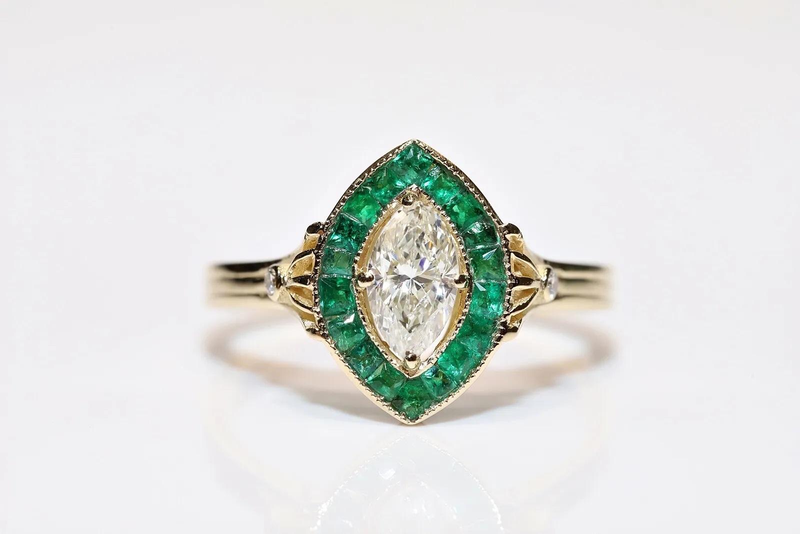 Modern New Made 14k Gold Natural Marquise Cut Diamond And Caliber Emerald Ring For Sale