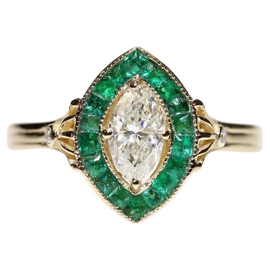 New Made 14k Gold Natural Marquise Cut Diamond And Caliber Emerald Ring