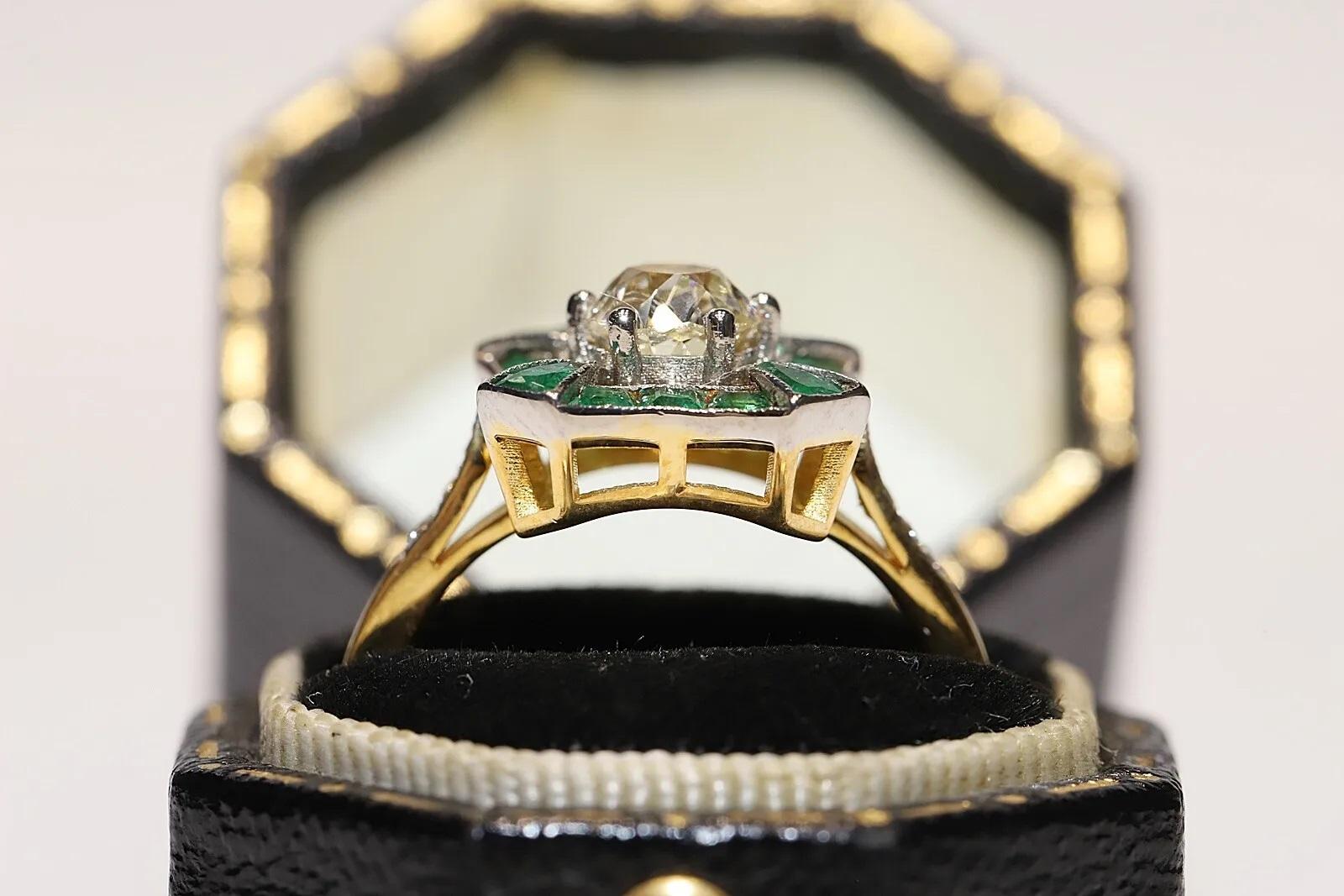 New Made 14k Gold Natural Old Cut Diamond And Caliber Emerald Solitaire Ring For Sale 5