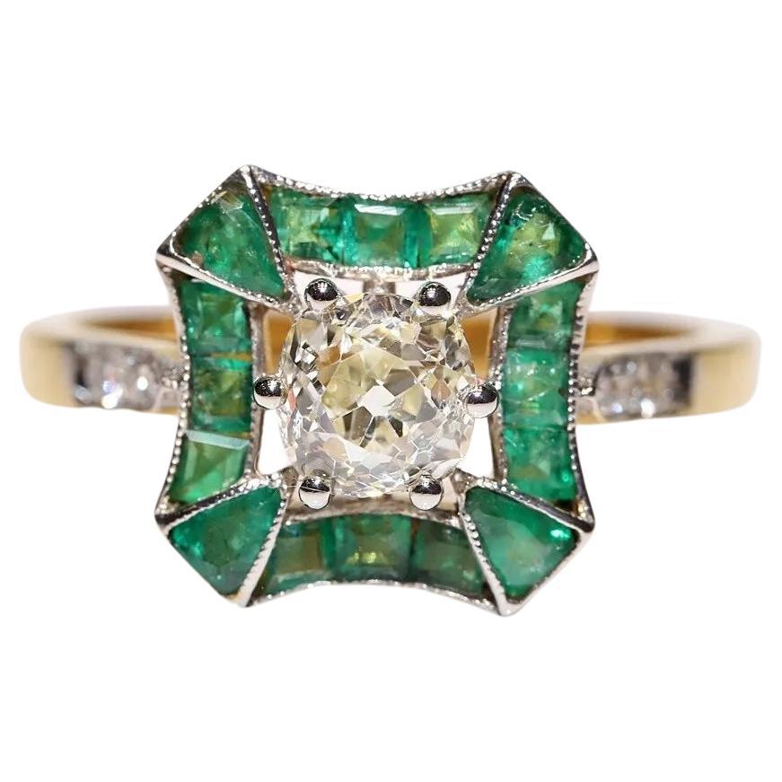 New Made 14k Gold Natural Old Cut Diamond And Caliber Emerald Solitaire Ring For Sale