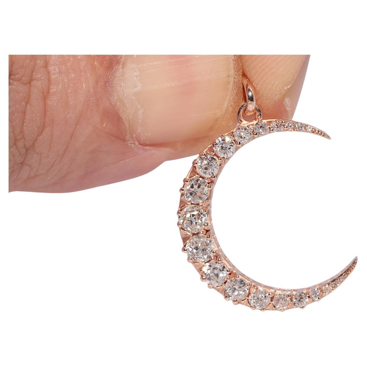 New Made 14k Gold Natural Old Cut Diamond Decorated Moon Design Pendant