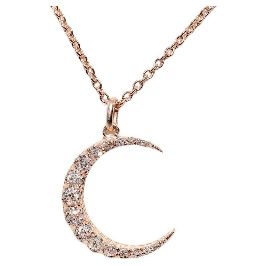 New Made 14k Gold Natural Old Cut Diamond Decorated Moon Pendant Necklace