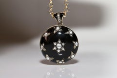 New Made 14k Gold Natural Rose Cut Diamond Decorated Enamel Pendant Necklace