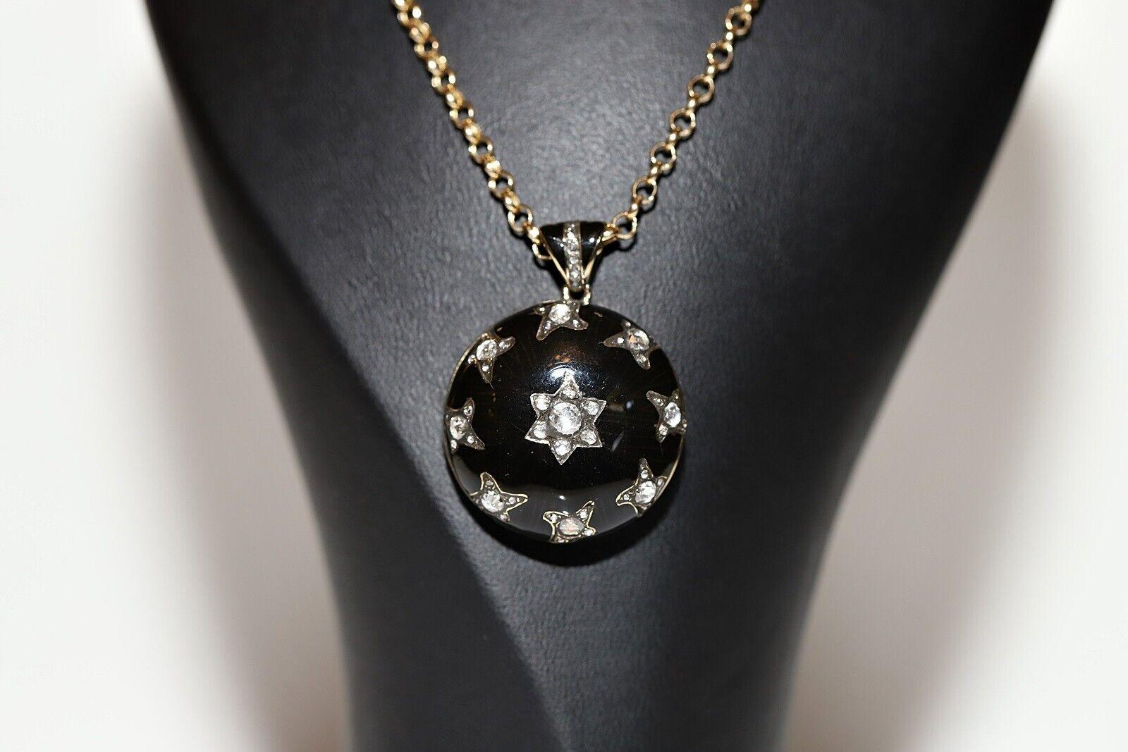 Halskette mit Anhänger, neu hergestellt 14k Gold Natürlicher Diamant im Rosenschliff Dekoriert Emaille im Zustand „Gut“ im Angebot in Fatih/İstanbul, 34