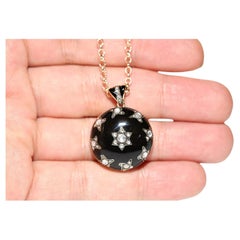 New Made 14k Gold Natural Rose Cut Diamond Decorated Enamel Pendant Necklace