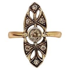 New made 14k Gold Top Silver Handcrafted Natural Diamond Decorated Navette Ring
