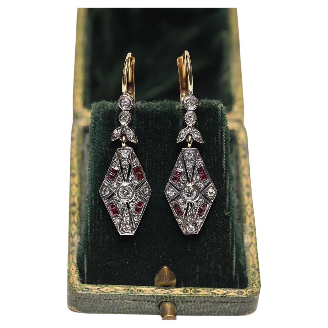 New Made 14k Gold Top Silver Natural Diamond And Caliber Ruby Drop Earring For Sale