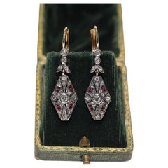 New Made 14k Gold Top Silver Natural Diamond And Caliber Ruby Drop Earring