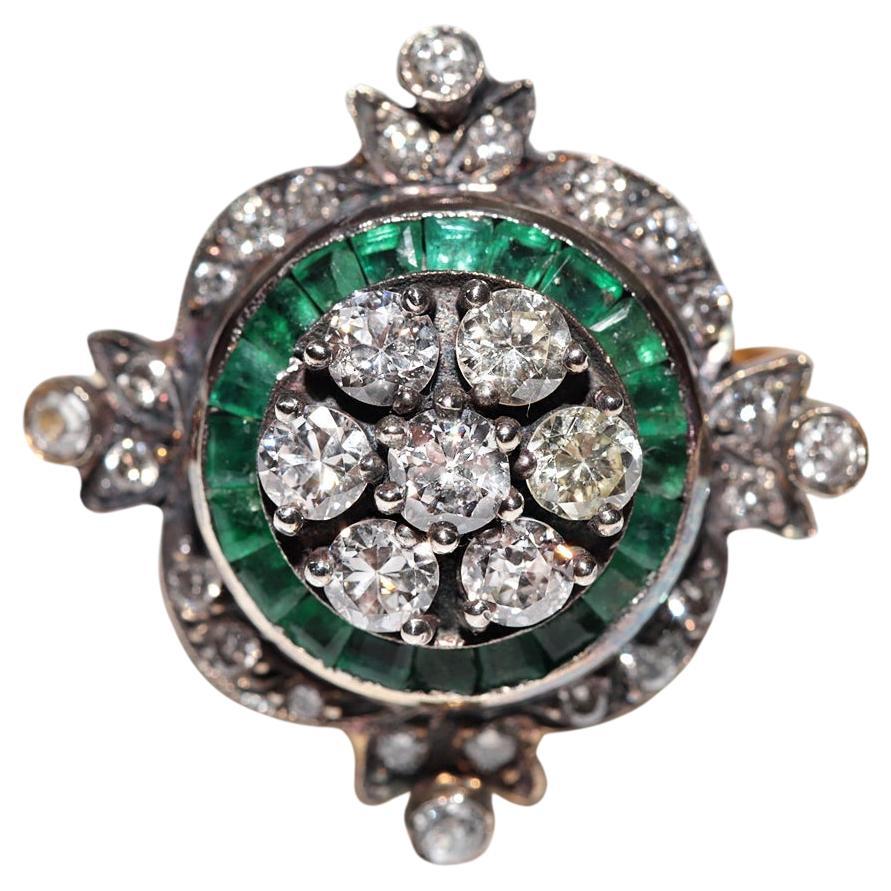 Anillo decorado con esmeralda de talla calibre de diamante natural de oro de 14 quilates y plata de primera ley