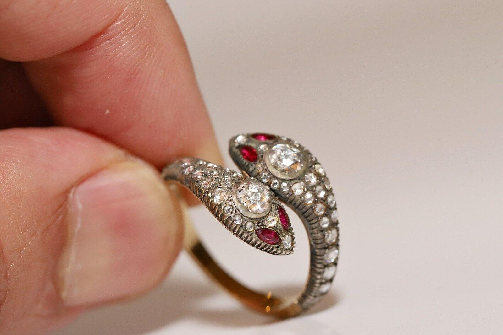 Bague serpent en or 14 carats, diamants naturels taille rose et rubis, neuve en vente 6