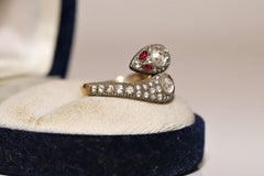 New Made 14k Gold Top Silver Natural Rose Cut Diamond And Ruby Snake Ring