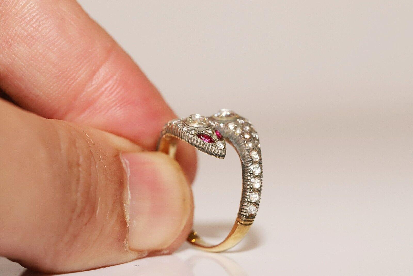 Bague serpent en or 14 carats, diamants naturels taille rose et rubis, neuve en vente 2