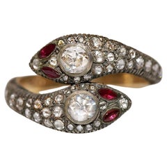 Anillo de serpiente con rubí y diamantes naturales talla rosa en oro de 14 quilates y plata de primera ley