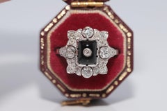 New Made 18k Gold Estate Natural Diamond Onyx Decorated Square Ring