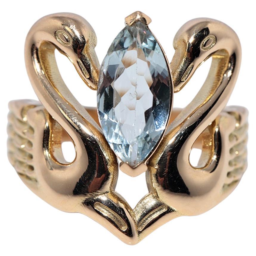 New Made 18k Gold Natural AquaMarine Decorated Bird Design Strong Ring For Sale