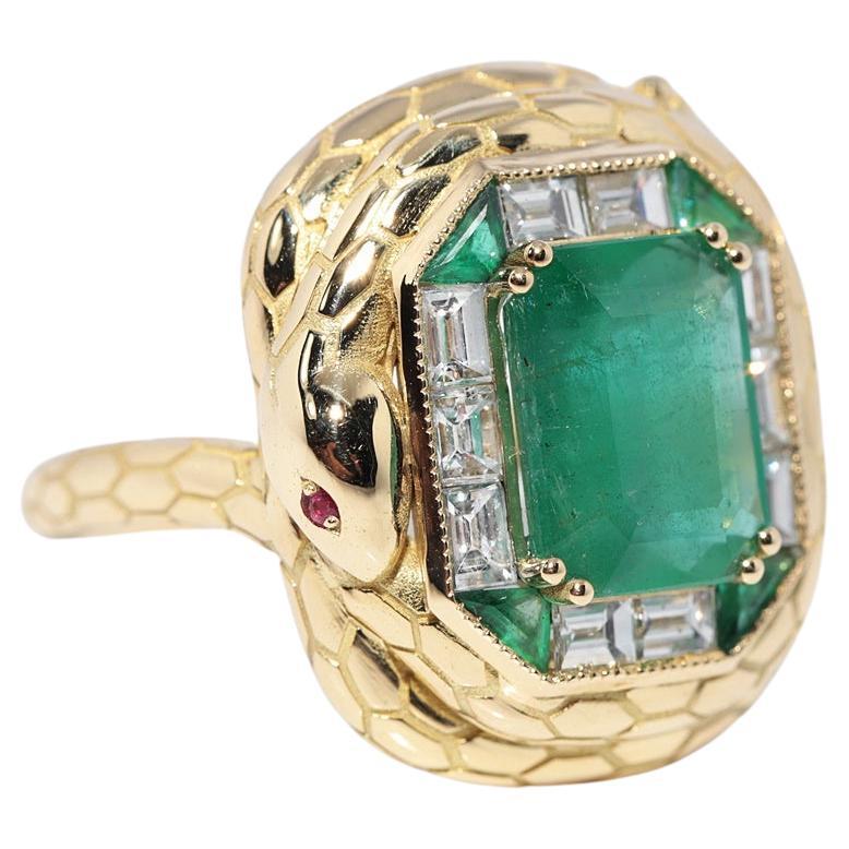 New Made 18k Gold Natural Baguette Cut Diamond und Smaragd Schlange Design Ring