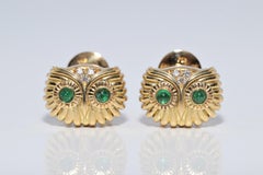 New Made 18k Gold Natural Cabochon Cut Emerald Decorated Owl Design Earring