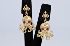 New Made 18k Gold Natural Diamond And Cabochon Cut Ruby Drop Octopus Earring