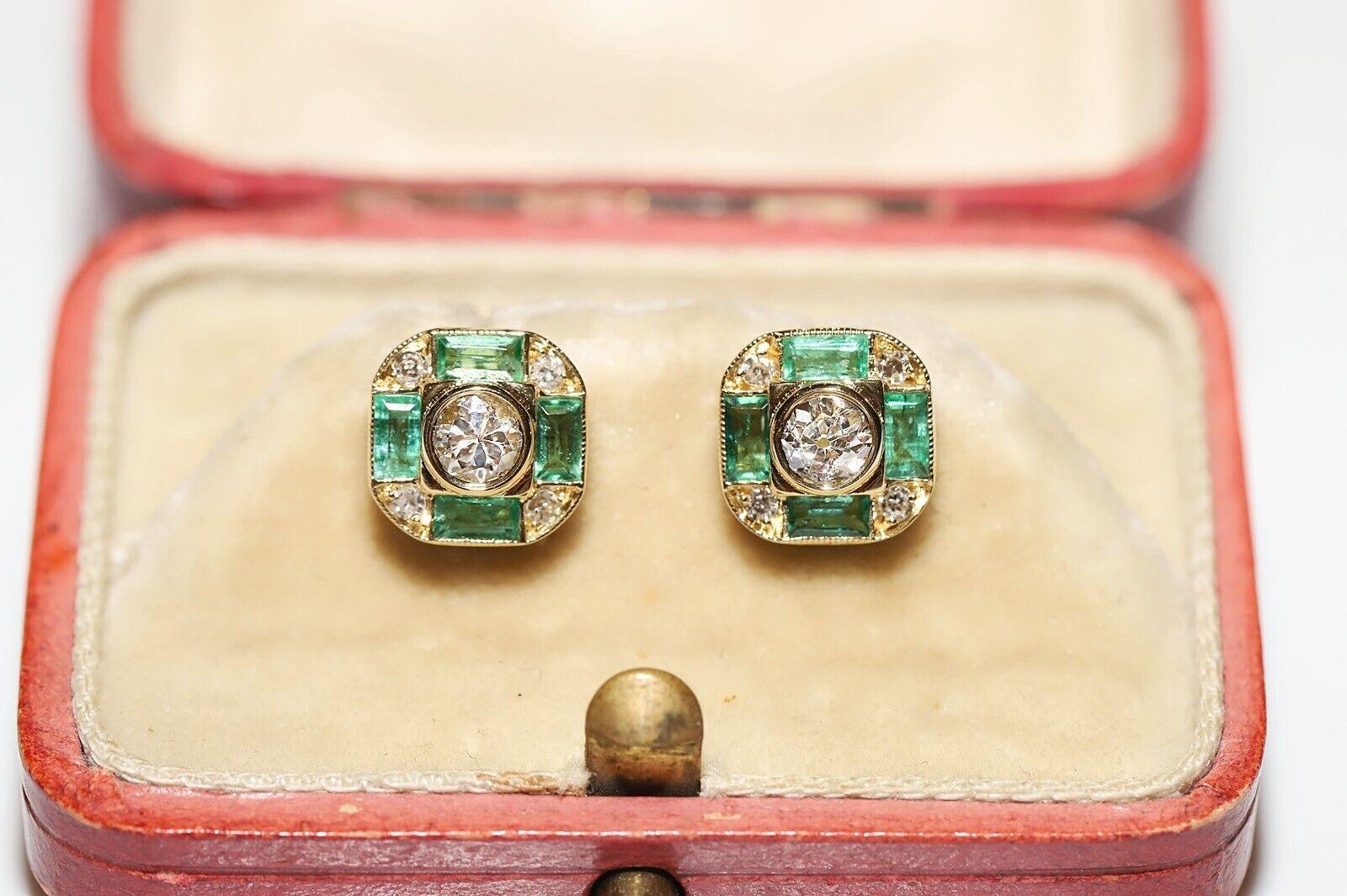 New made 18k Gold Natural Diamond And Caliber Cut Emerald Stud Earring en venta 6