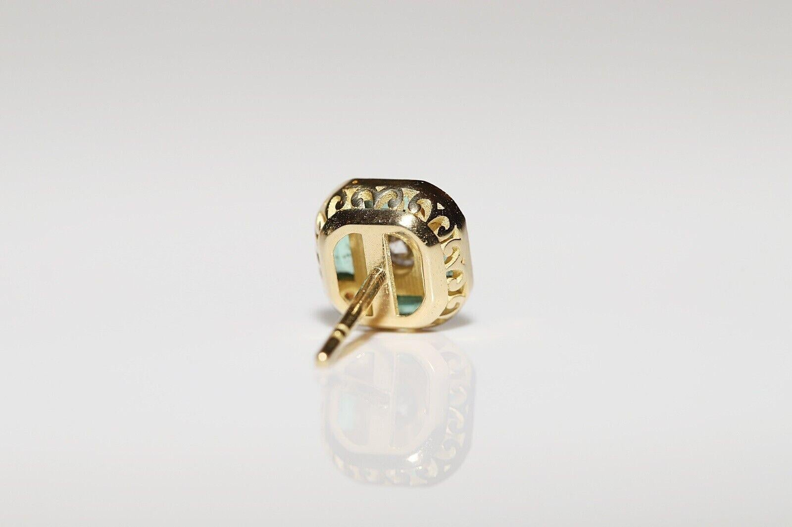 New made 18k Gold Natural Diamond And Caliber Cut Emerald Stud Earring en venta 1