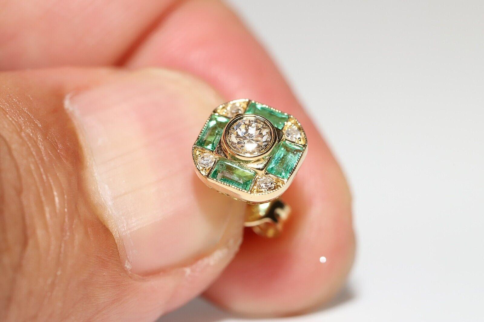 New made 18k Gold Natural Diamond And Caliber Cut Emerald Stud Earring en venta 3