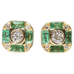 New made 18k Gold Natural Diamond And Caliber Cut Emerald Stud Earring