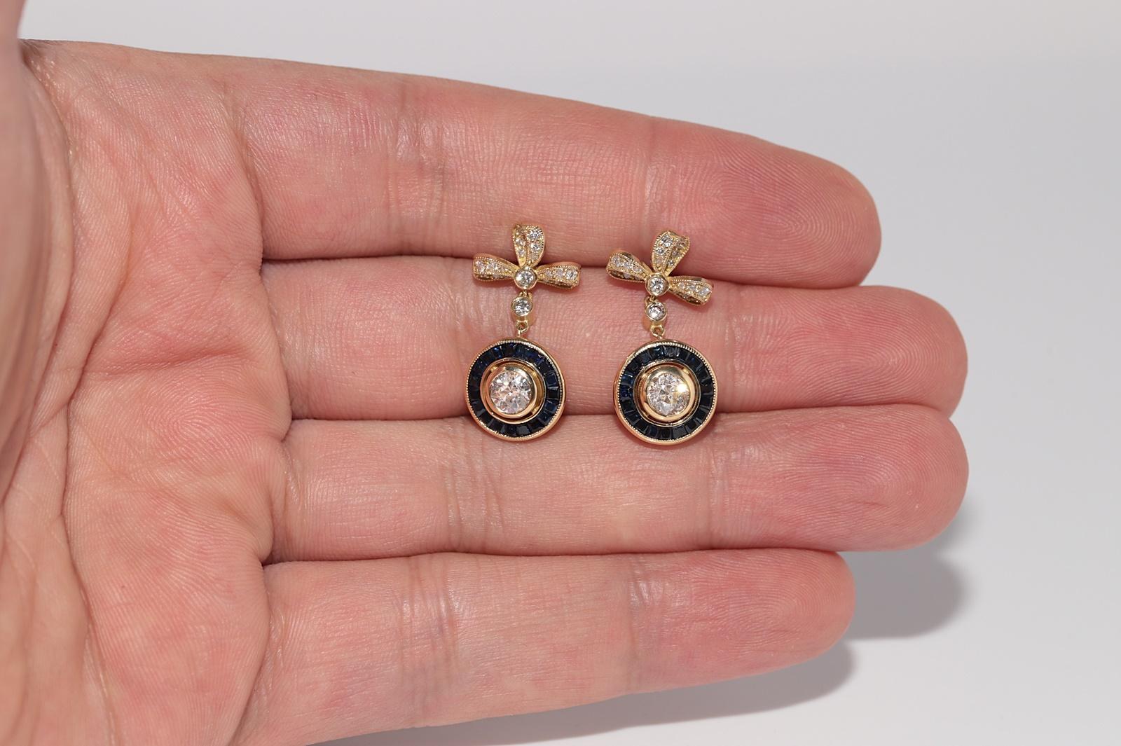 New Made 18k Gold Natural Diamond And Caliber Cut Sapphire Bow Drop Earring im Angebot 5