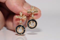 New Made 18k Gold Natural Diamond And Caliber Cut Sapphire Bow Drop Earring