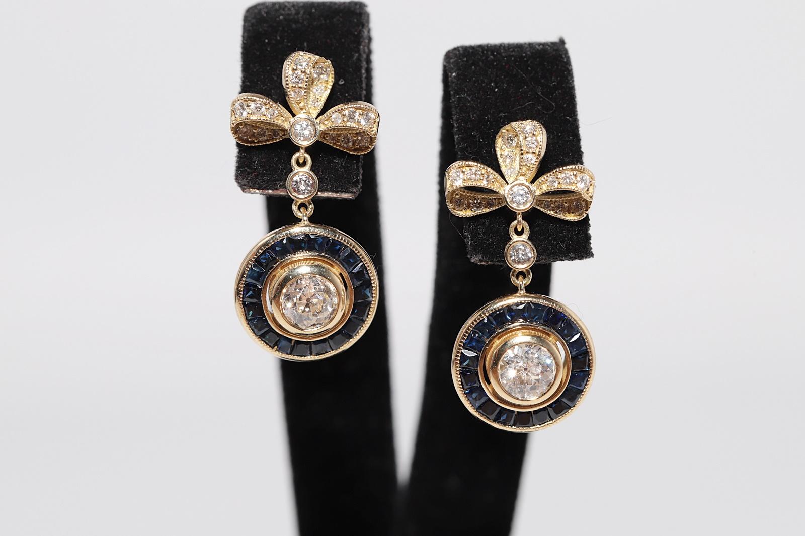 New Made 18k Gold Natural Diamond And Caliber Cut Sapphire Bow Drop Earring (Alteuropäischer Brillantschliff) im Angebot