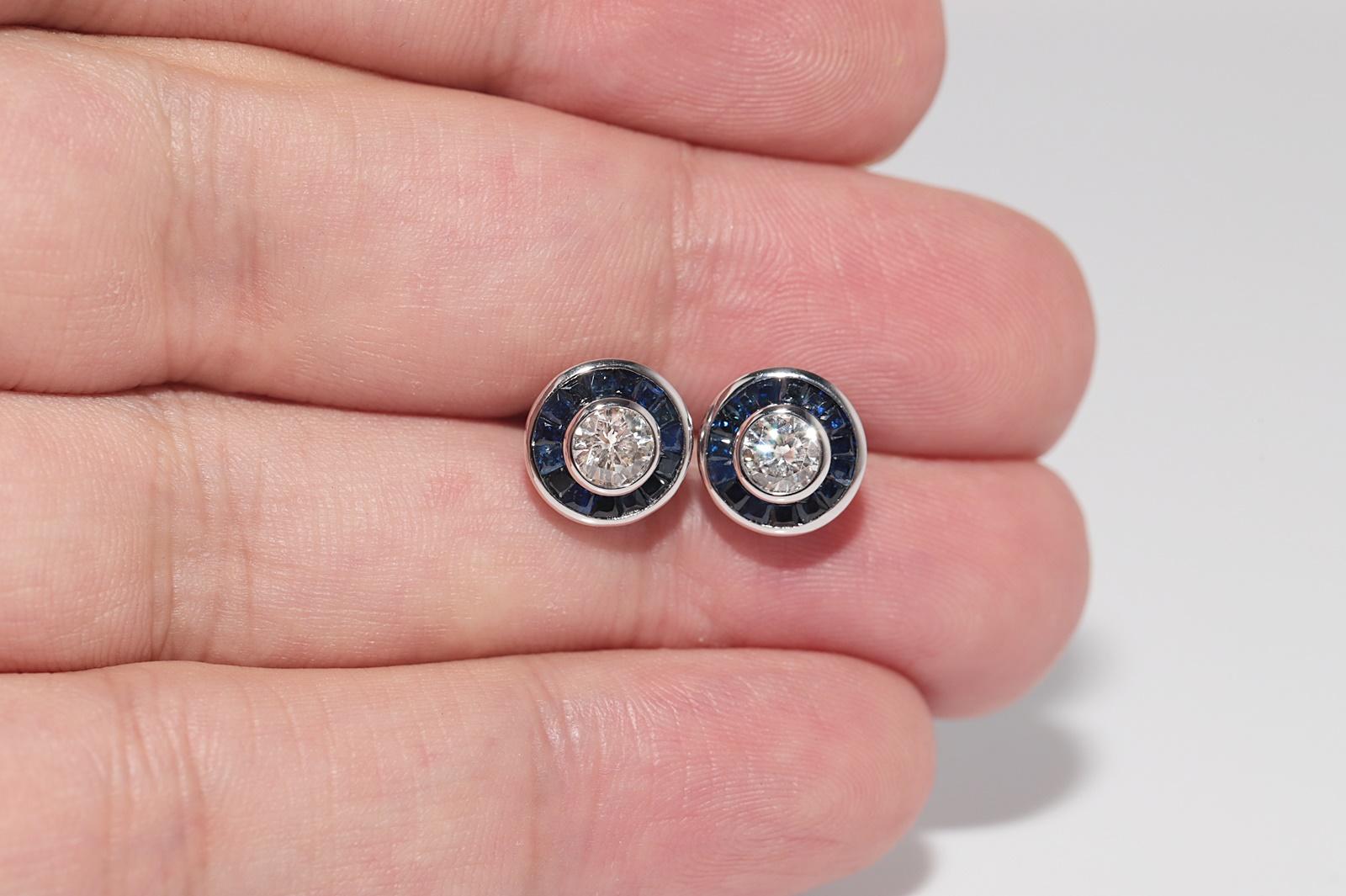 Orecchino solitario in oro 18k con diamante naturale e zaffiro taglio calibro di nuova produzione in vendita 2