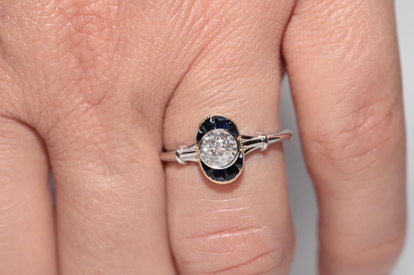 Old Mine Cut New Made 18k Gold Natural  Diamond And Caliber Cut Sapphire Solitaire Ring For Sale