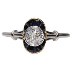 New Made 18k Gold Natural  Diamond And Caliber Cut Sapphire Solitaire Ring