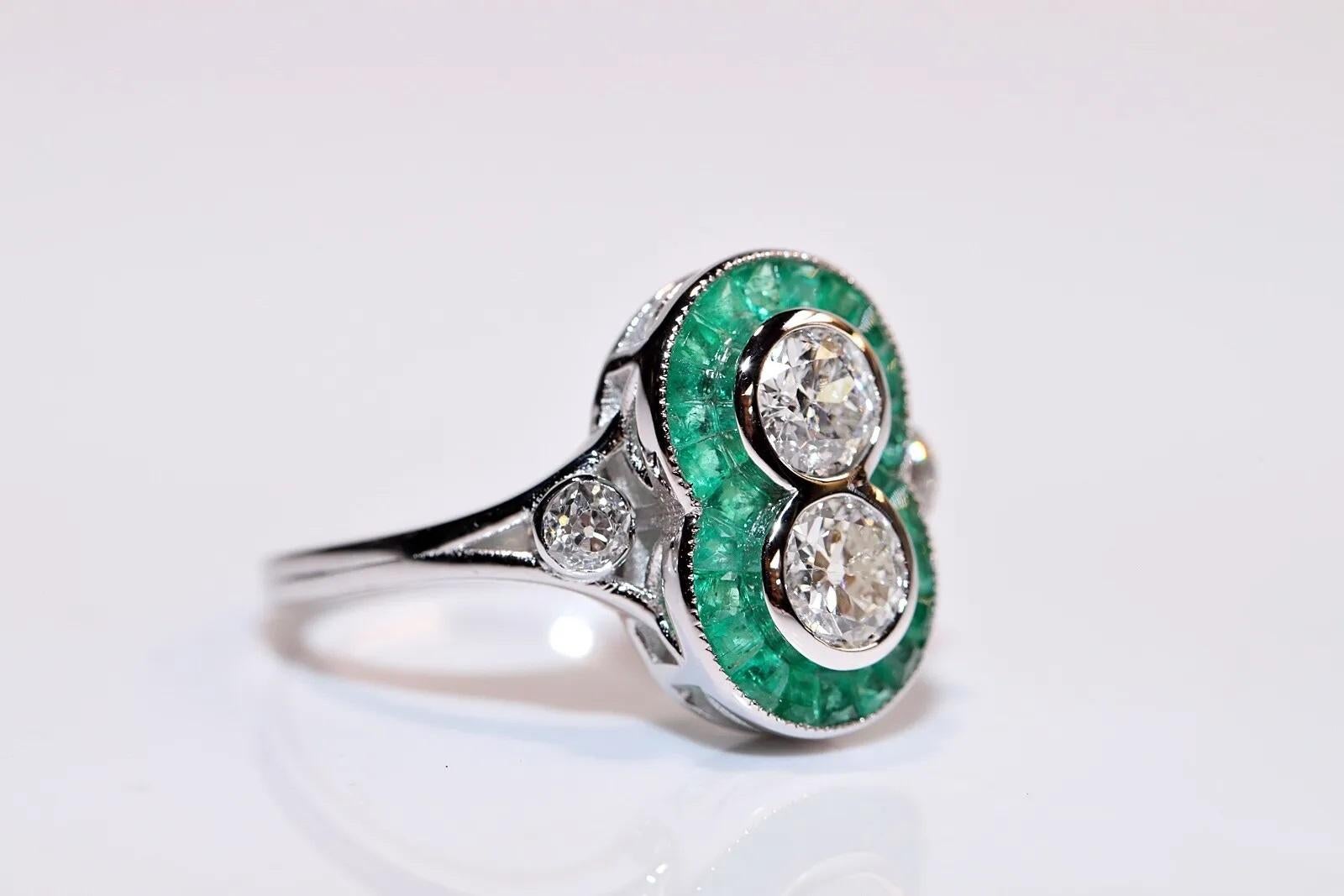 Old Mine Cut New Made  18k Gold Natural Diamond And Caliber Emerald Decorated Ring For Sale