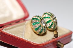 New Made 18k Gold Natural Diamond And Caliber Emerald Earring