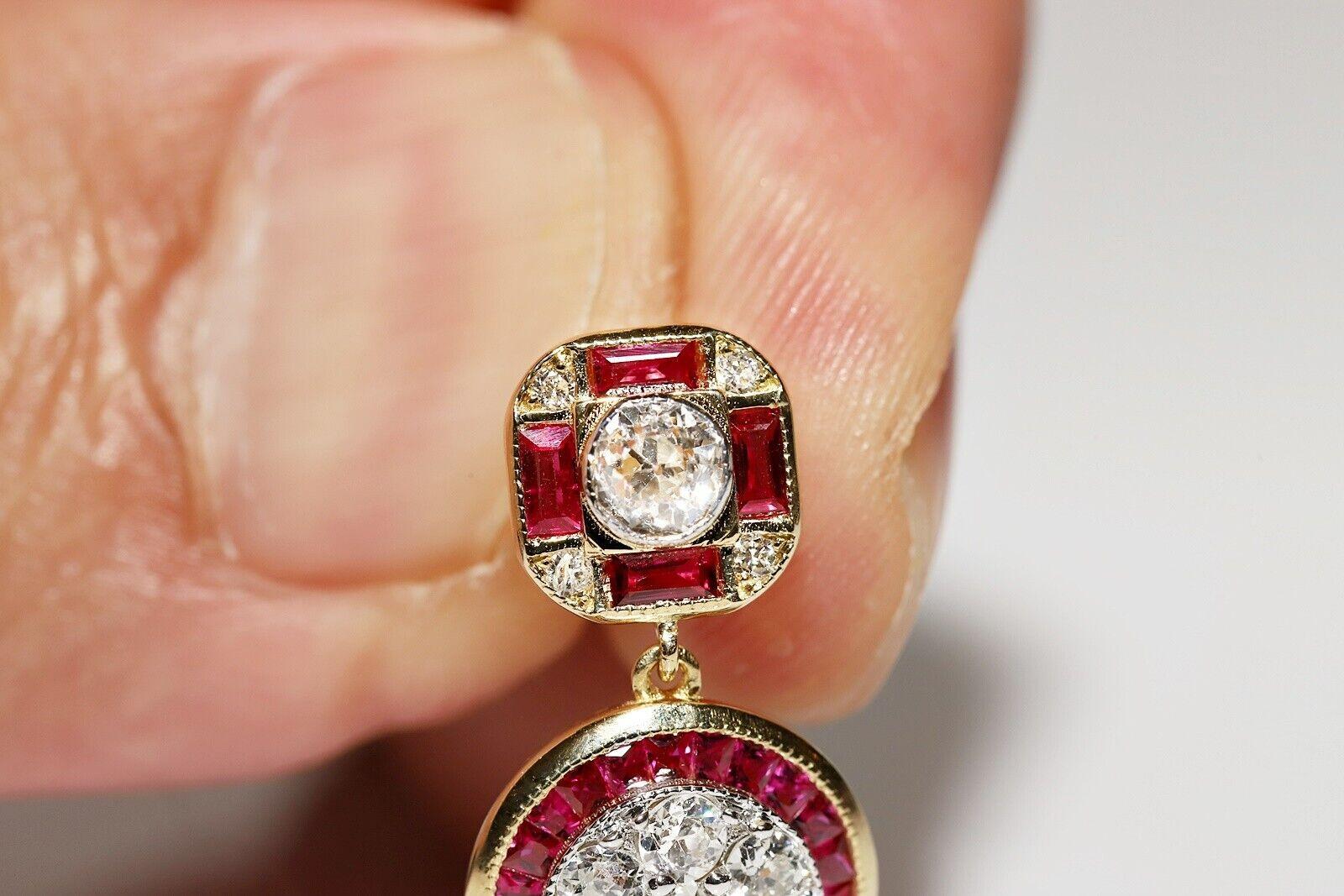 New Made Or 18k Diamant naturel taille ancienne et rubis taille calibre  Boucle d'oreille goutte d'eau en vente 6