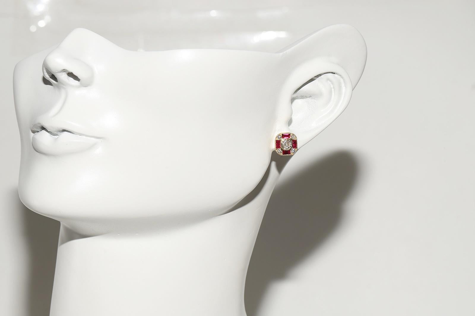 New Made 18k Gold Natural Diamond And Caliber Ruby Decorated Stud Earring For Sale 10