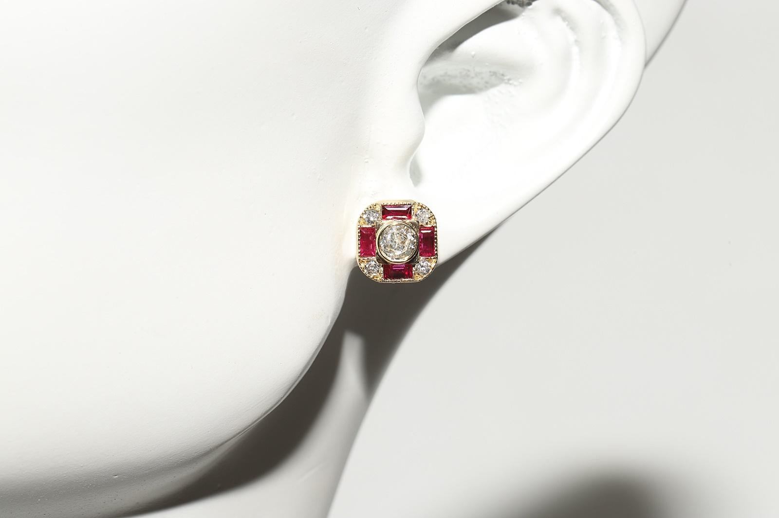 New Made 18k Gold Natural Diamond And Caliber Ruby Decorated Stud Earring For Sale 11