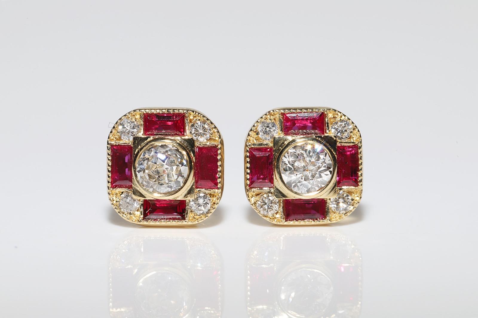 Old Mine Cut New Made 18k Gold Natural Diamond And Caliber Ruby Decorated Stud Earring For Sale