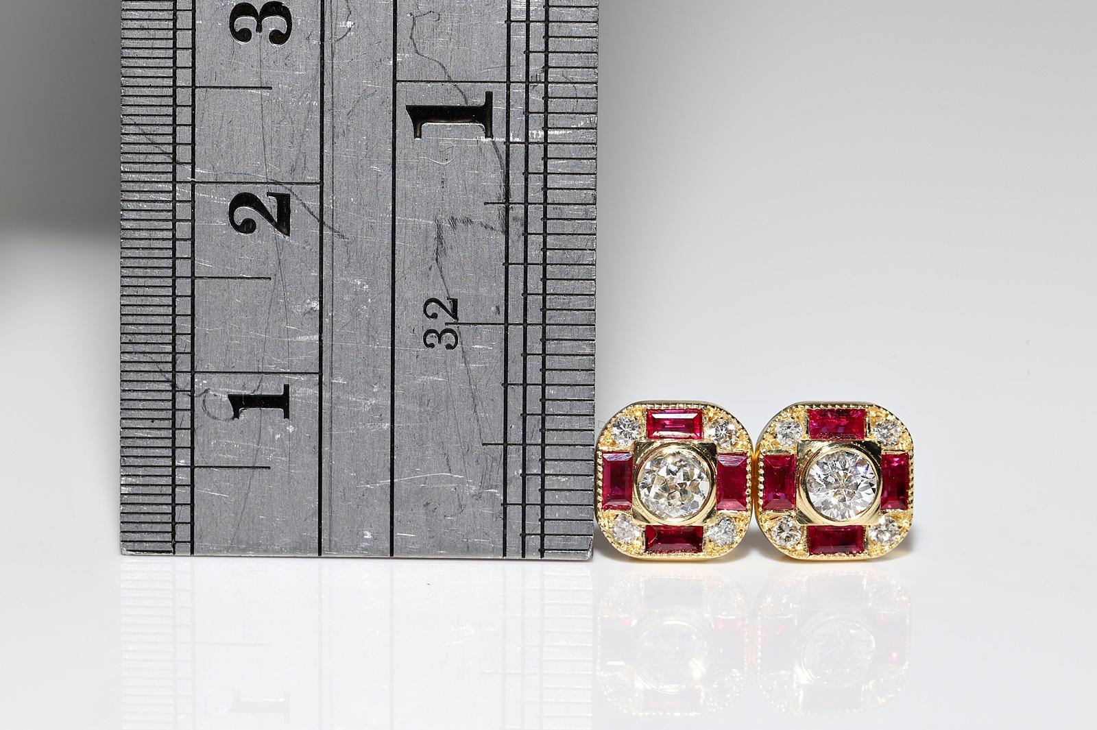 New Made 18k Gold Natural Diamond And Caliber Ruby Decorated Stud Earring In New Condition For Sale In Fatih/İstanbul, 34