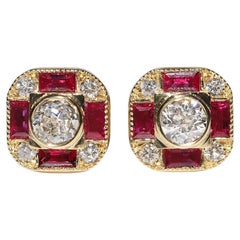 New Made 18k Gold Natural Diamond And Caliber Ruby Decorated Stud Earring