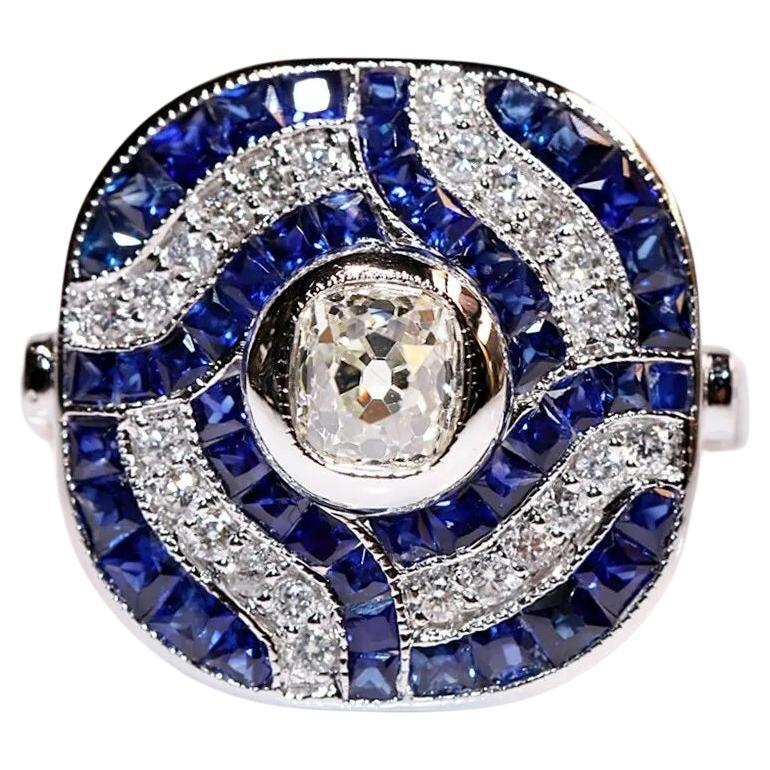 Bague de fabrication récente en or 18 carats décorée de diamants naturels et de saphirs calibrés 