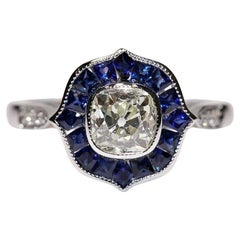 New Made 18k Gold Natural Diamond And Caliber Sapphire Solitaire Ring