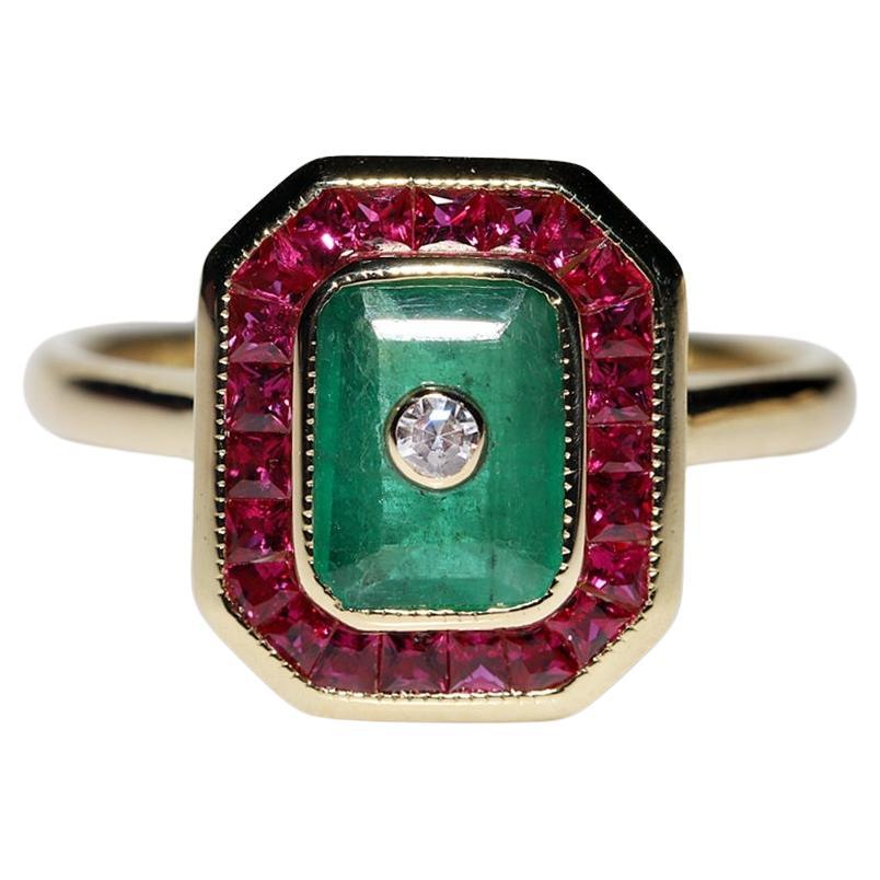 New Made 18k Gold Natural Diamond And Emerald Caliber Ruby Decorated Ring 