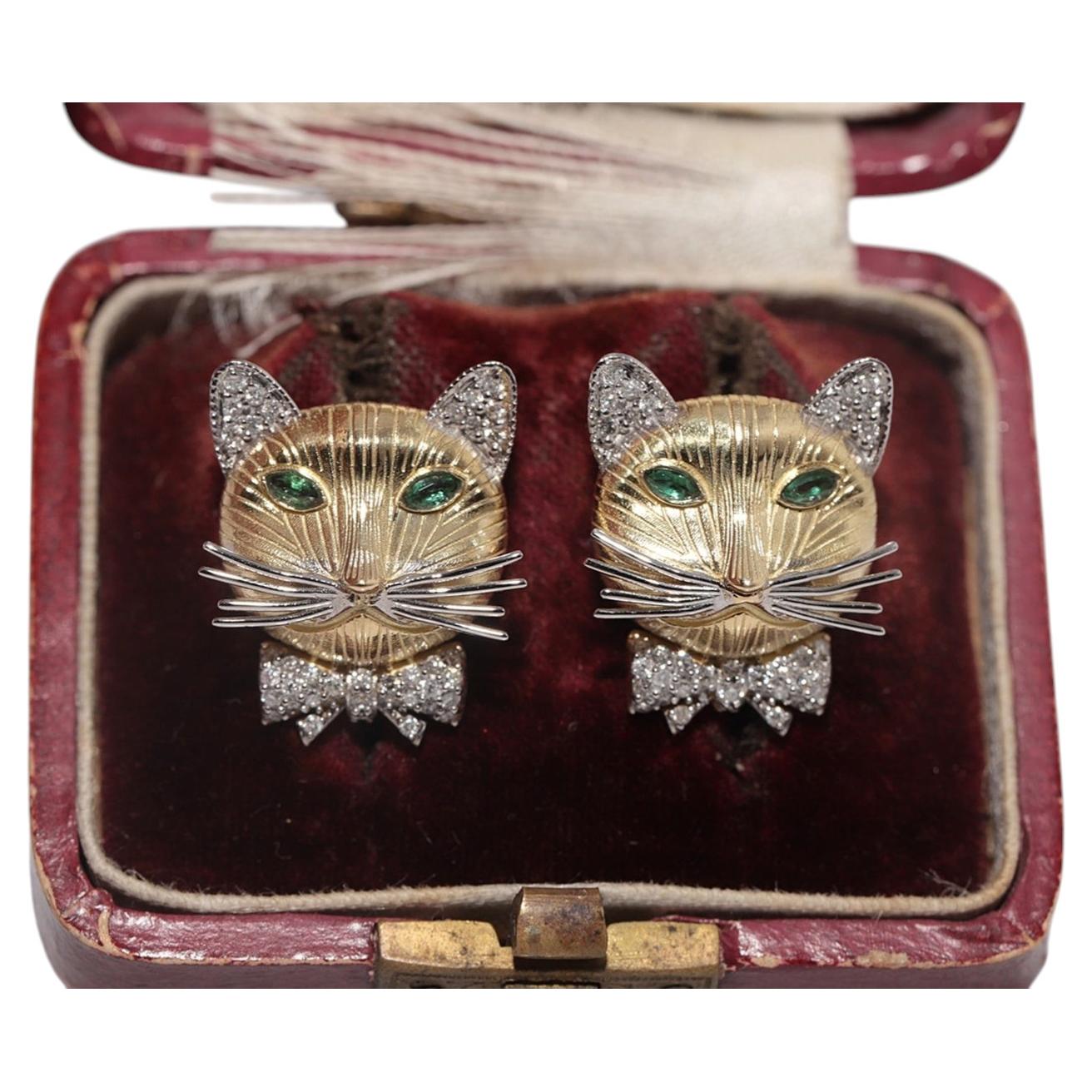 New Made 18k Gold Natural Diamond And Emerald Cat Design Stud Earring