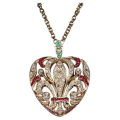 Collier pendentif cœur en or 18 carats, neuf, avec diamants naturels, émeraudes et rubis