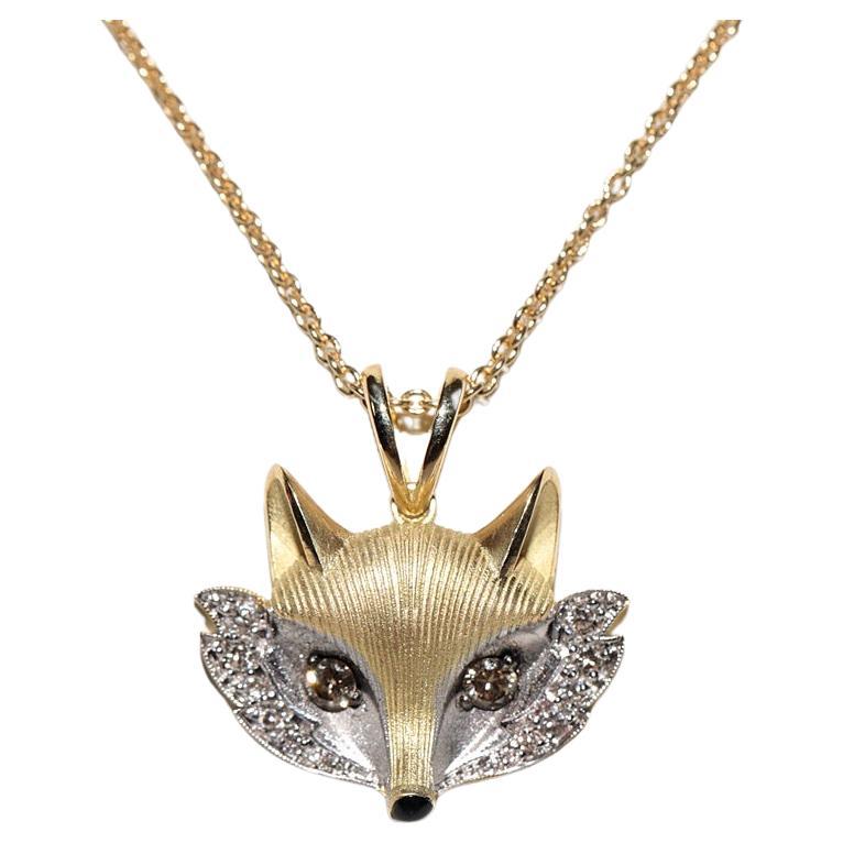 New Made 18k Gold Natural Diamond And Enamel Decorated Fox Pendant Necklace
