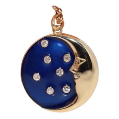 New Made 18k Gold Natural Diamond And Enamel Decorated Moon Pendant Necklace