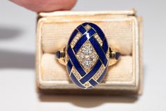 New Made 18k Gold Natural Diamond And Enamel Decorated Oval Ring
