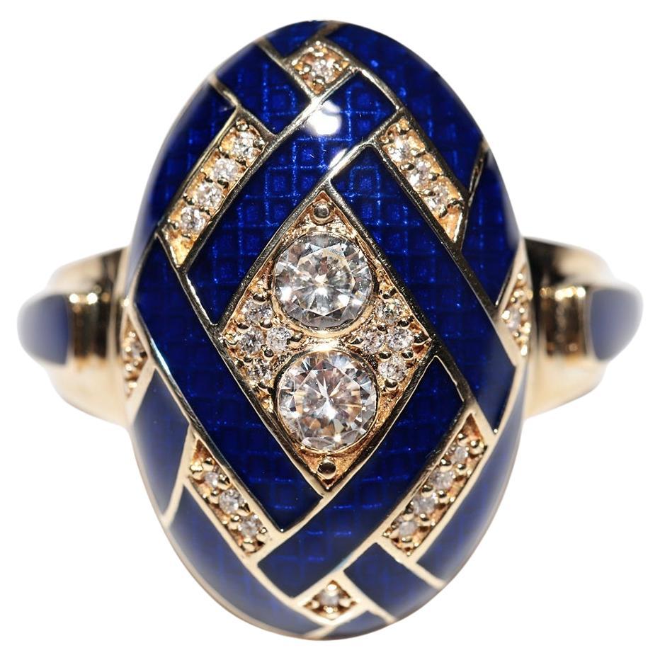 New Made 18k Gold Natural Diamond And Enamel Decorated Oval Ring For Sale